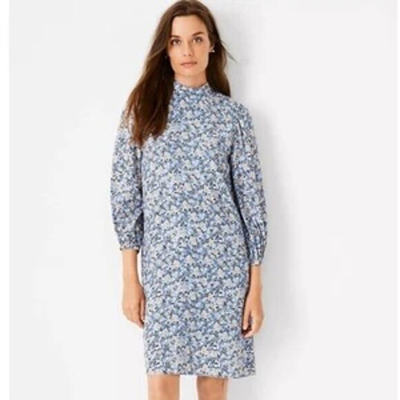 Ann Taylor Blue Floral Mock Neck Shift Dress 3/4 Sleeve Petite 2 - Picture 2 of 9